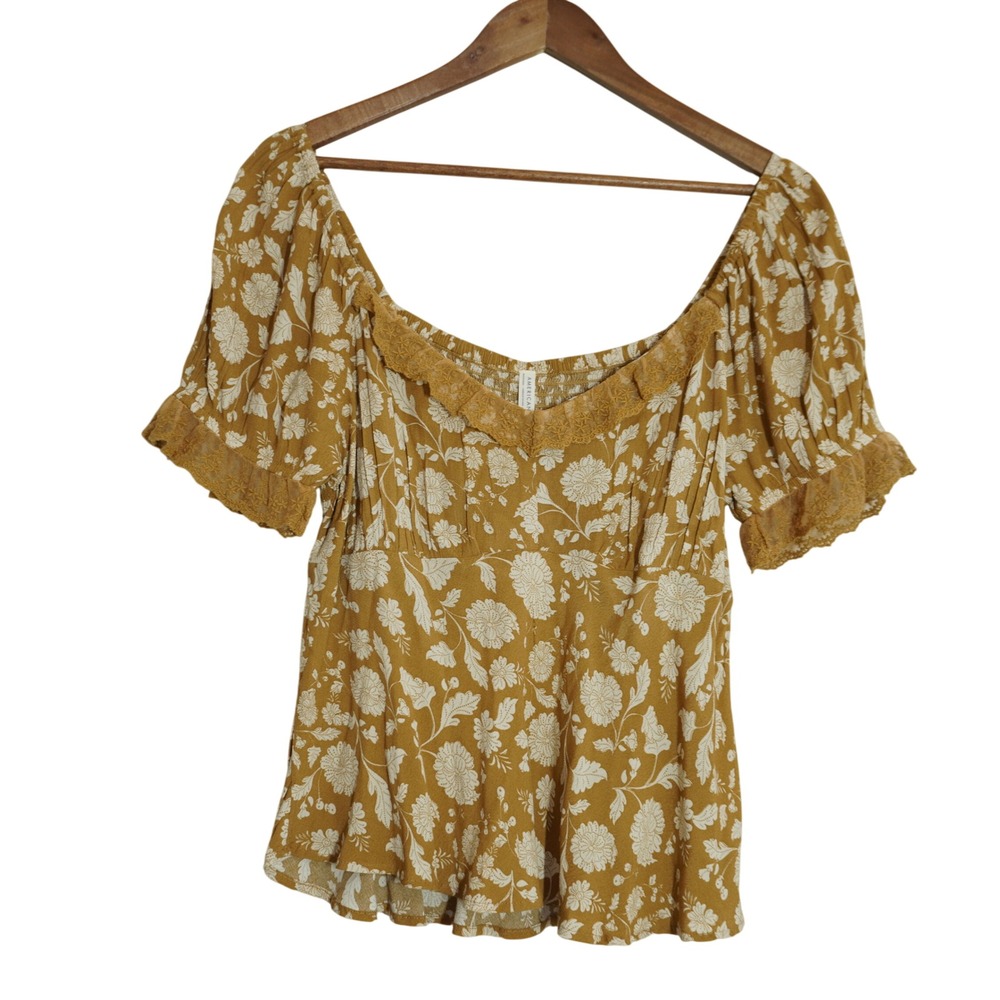 American Eagle Floral Lace Trim Smocked Back Peplum Blouse Mustard Yellow Large